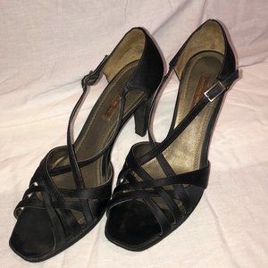 Black Satin Open Toe Pump